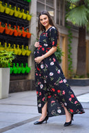 Midnight Blossom Rose High-Low Maternity & Nursing Wrap Dress momzjoy.com