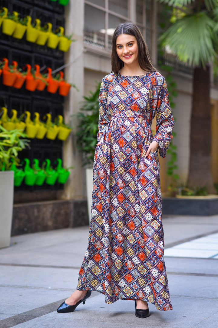 Abstract Multicolor Maternity & Nursing Maxi Dress - MOMZJOY.COM