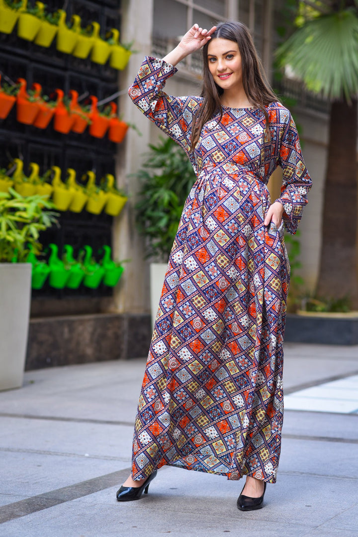 Abstract Multicolor Maternity & Nursing Maxi Dress - MOMZJOY.COM