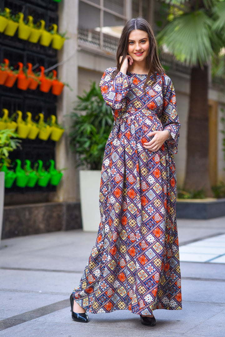 Abstract Multicolor Maternity & Nursing Maxi Dress - MOMZJOY.COM