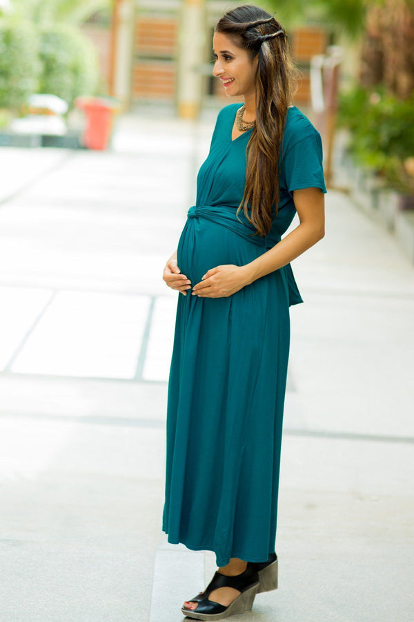 Emerald Front Knot Lycra Maternity Dress MOMZJOY.COM