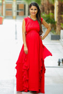 Luxe Candy Red Cascading Maternity Dress momzjoy.com