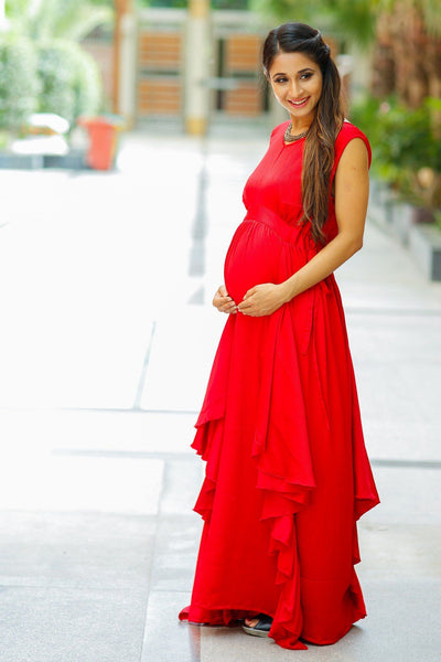 Red Luxe Maternity Sleeveless Flow Dress momzjoy.com