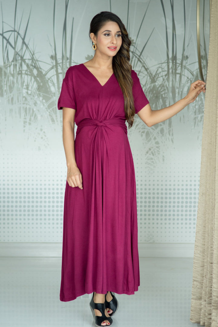 Berry Front Knot Lycra Maternity Dress MOMZJOY.COM