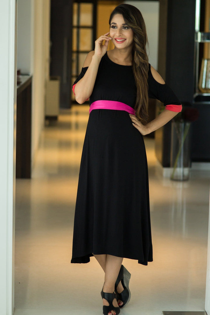 Chic Black Cold Shoulder Maternity Dress momzjoy.com