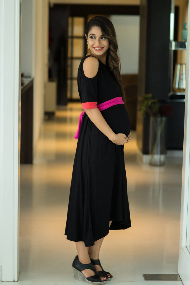 Chic Black Cold Shoulder Maternity Dress momzjoy.com