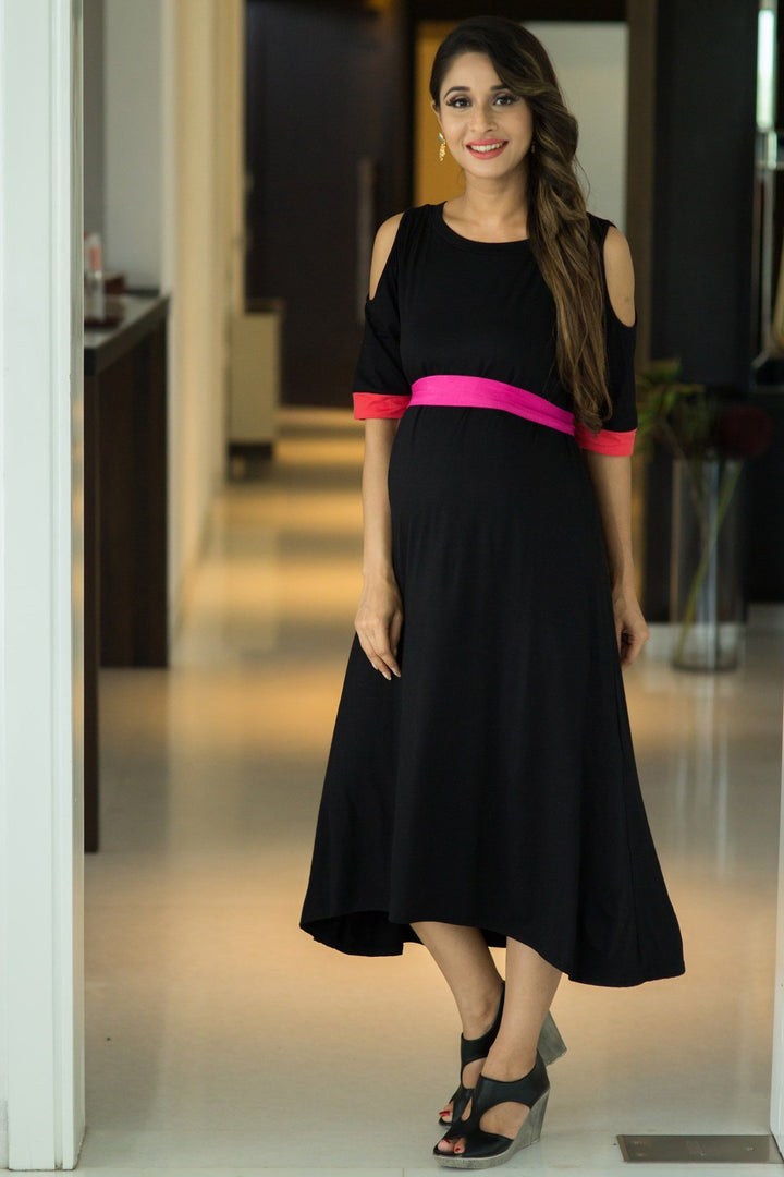 Chic Black Cold Shoulder Maternity Dress momzjoy.com