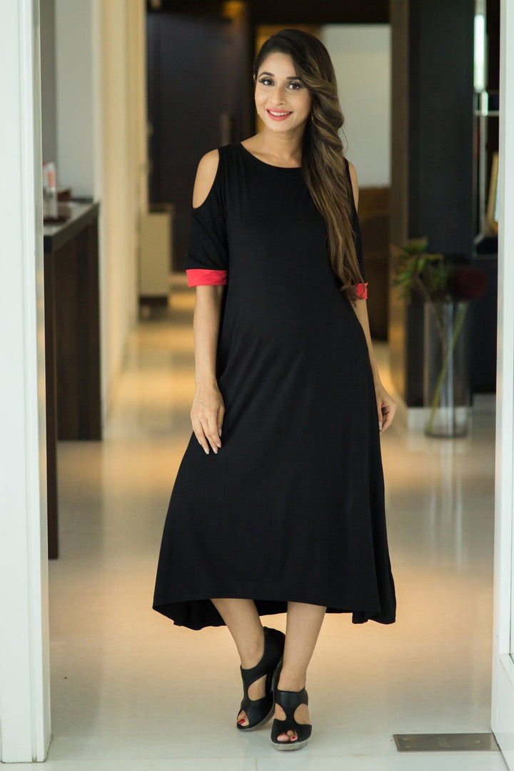 Chic Black Cold Shoulder Maternity Dress momzjoy.com