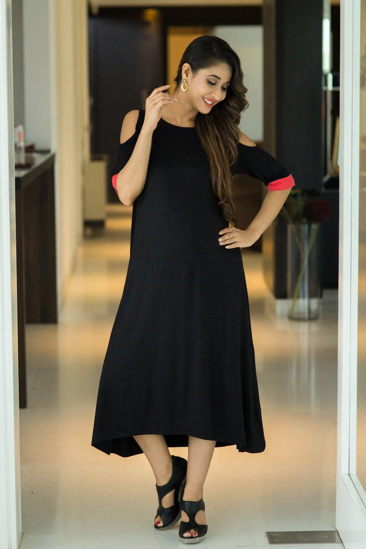 Chic Black Cold Shoulder Maternity Dress momzjoy.com