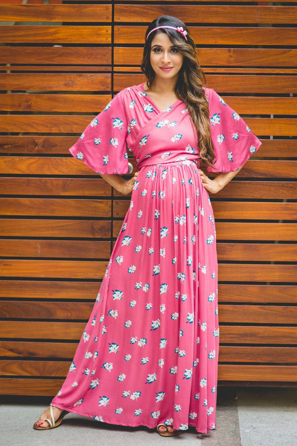 Pink Glow Lilly Maternity & Nursing Wrap Dress - MOMZJOY.COM