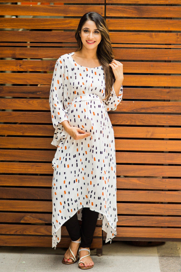 Serene White Brick Printed Nursing Kurta - MOMZJOY.COM