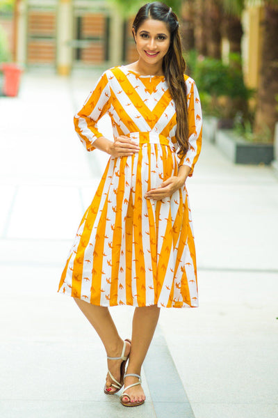 Chirpy Yellow Striped Nursing Crepe Dress - MOMZJOY.COM