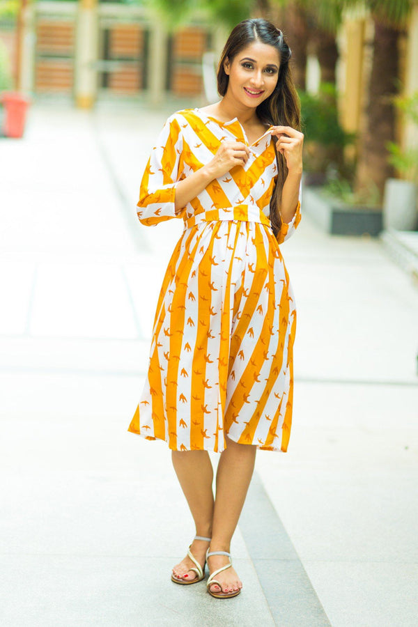 Chirpy Yellow Striped Nursing Crepe Dress - MOMZJOY.COM