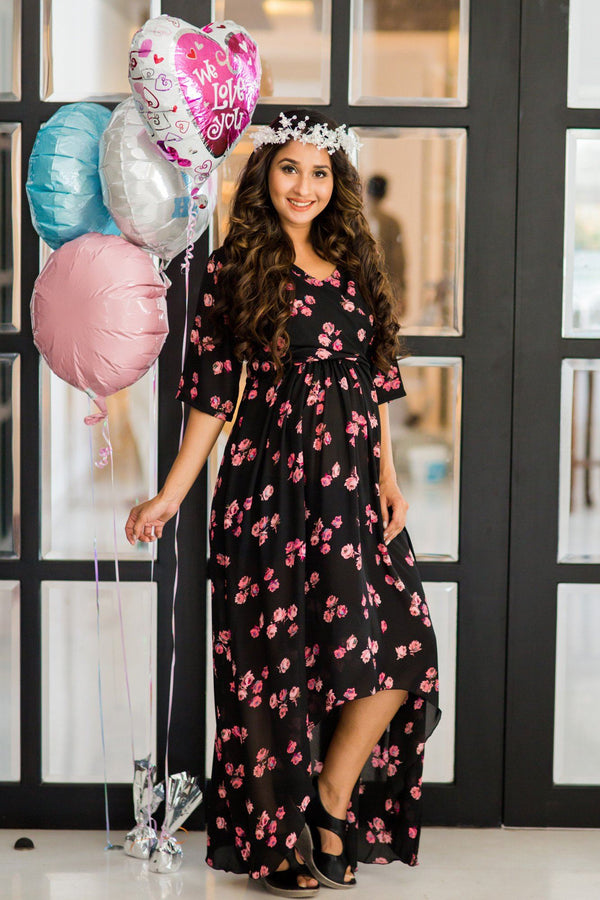 Midnight Rose Hi-Low Maternity & Nursing Wrap Dress - MOMZJOY.COM