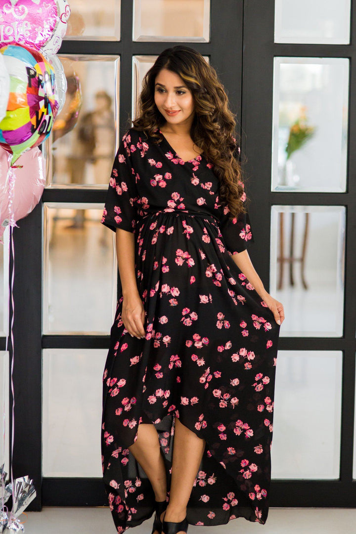 Midnight Rose Hi-Low Maternity & Nursing Wrap Dress - MOMZJOY.COM