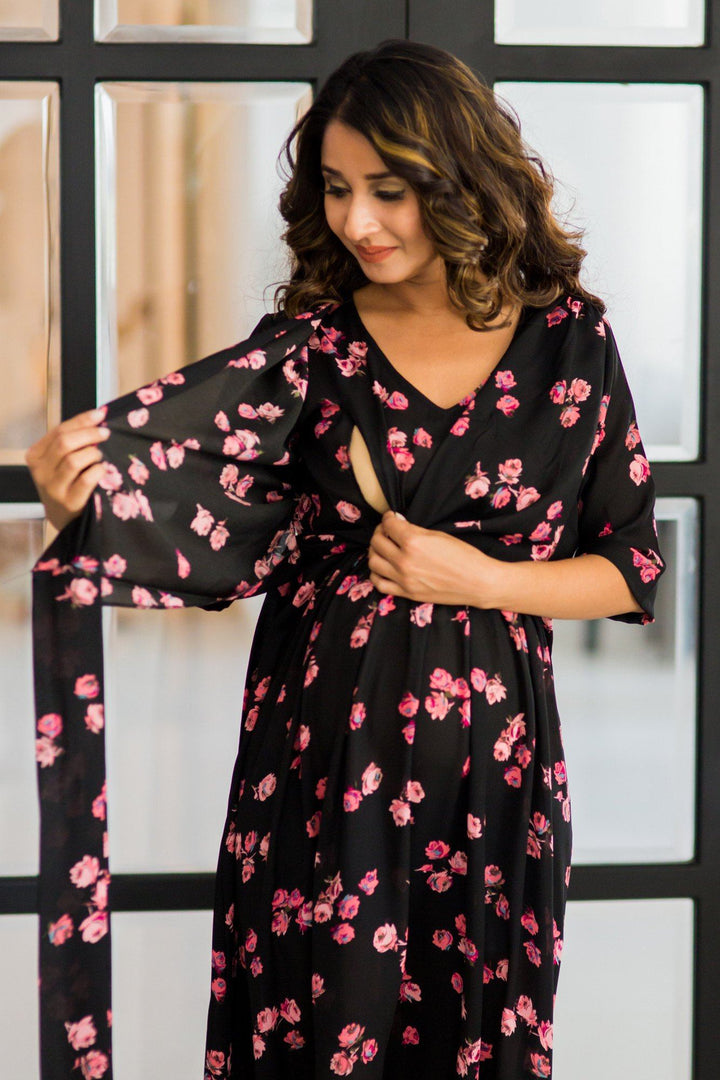 Midnight Rose Hi-Low Maternity & Nursing Wrap Dress - MOMZJOY.COM