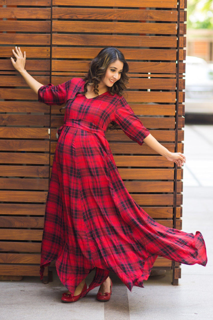 Classic Red Plaid Maternity & Nursing Maxi Dress - MOMZJOY.COM