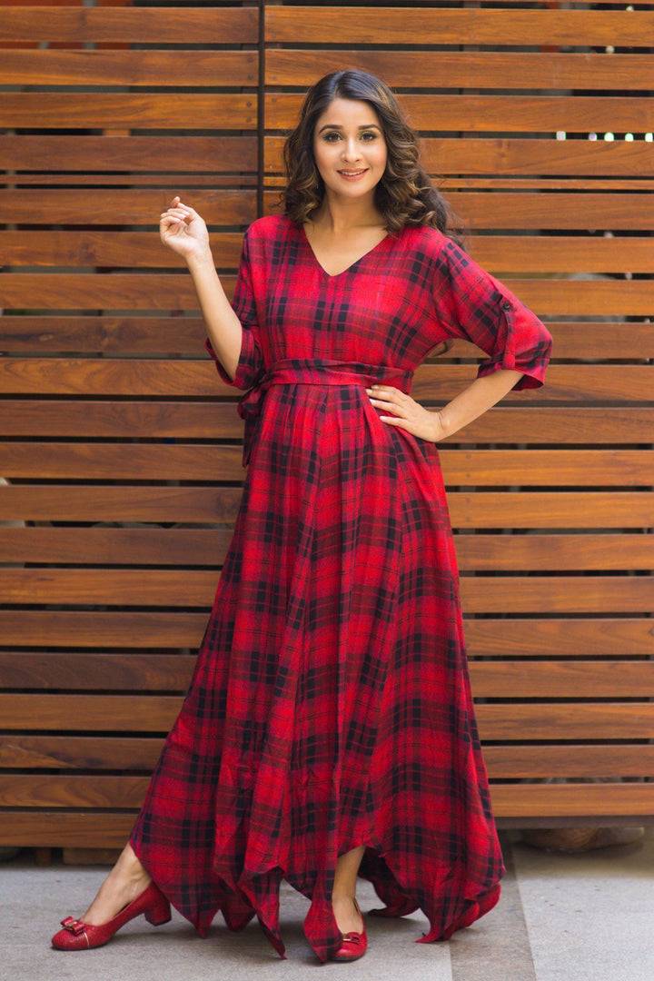 Classic Red Plaid Maternity & Nursing Maxi Dress - MOMZJOY.COM