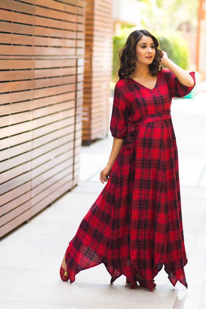 Classic Red Plaid Maternity & Nursing Maxi Dress - MOMZJOY.COM