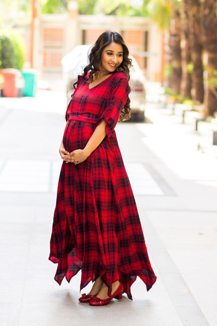 Classic Red Plaid Maternity & Nursing Maxi Dress - MOMZJOY.COM