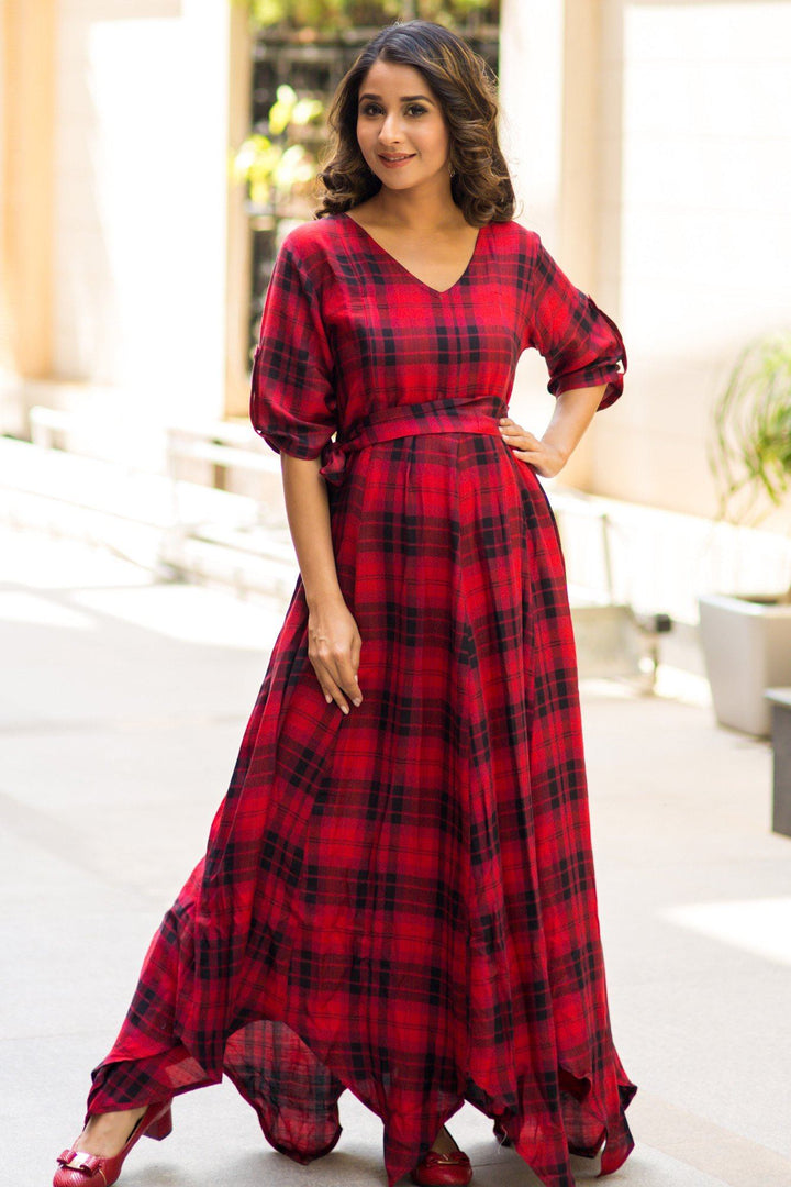 Classic Red Plaid Maternity & Nursing Maxi Dress - MOMZJOY.COM