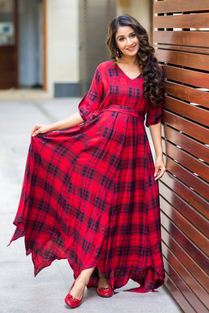 Classic Red Plaid Maternity & Nursing Maxi Dress - MOMZJOY.COM