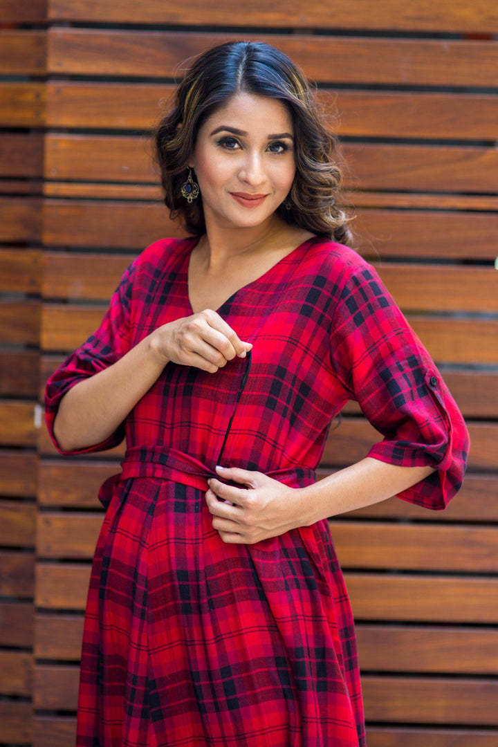 Classic Red Plaid Maternity & Nursing Maxi Dress - MOMZJOY.COM