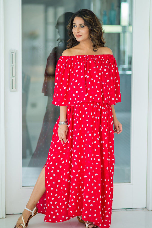 Cherry Red Off-Shoulder Maternity Maxi Dress MOMZJOY.COM