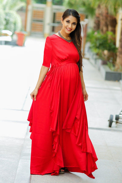 Luxe Candy Red Maternity Flow Dress With Sleeves momzjoy.com