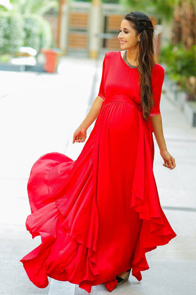 Red Bubble Satin Luxe Maternity Flow Dress momzjoy.com