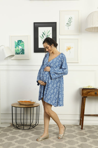 Breezy Intricate Blue Floral Maternity Knee Dress momzjoy.com