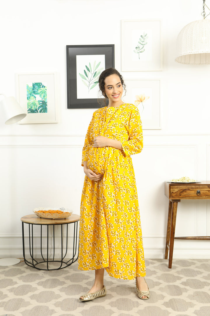 Cheery Sunshine Glow Floral Maternity Knot Dress MOMZJOY.COM