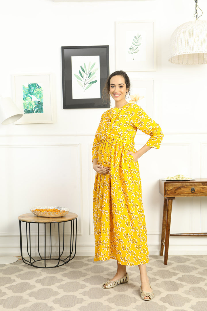 Cheery Sunshine Glow Floral Maternity Knot Dress MOMZJOY.COM