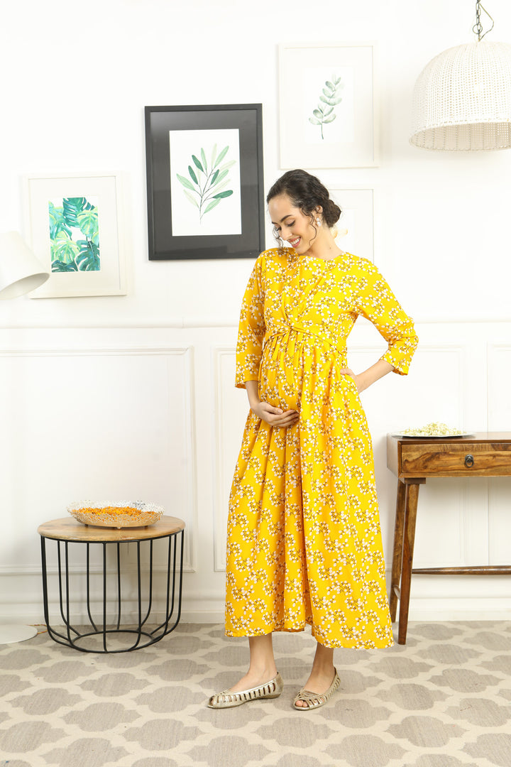 Cheery Sunshine Glow Floral Maternity Knot Dress MOMZJOY.COM