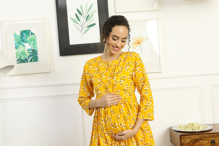 Cheery Sunshine Glow Floral Maternity Knot Dress MOMZJOY.COM