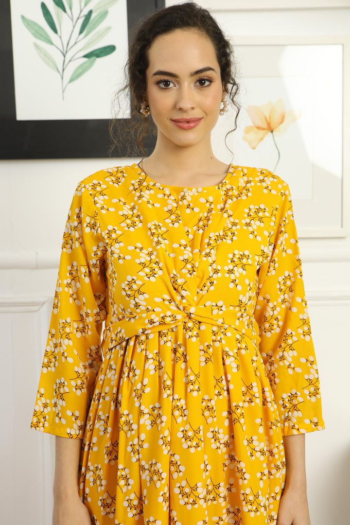 Cheery Sunshine Glow Floral Maternity Knot Dress MOMZJOY.COM