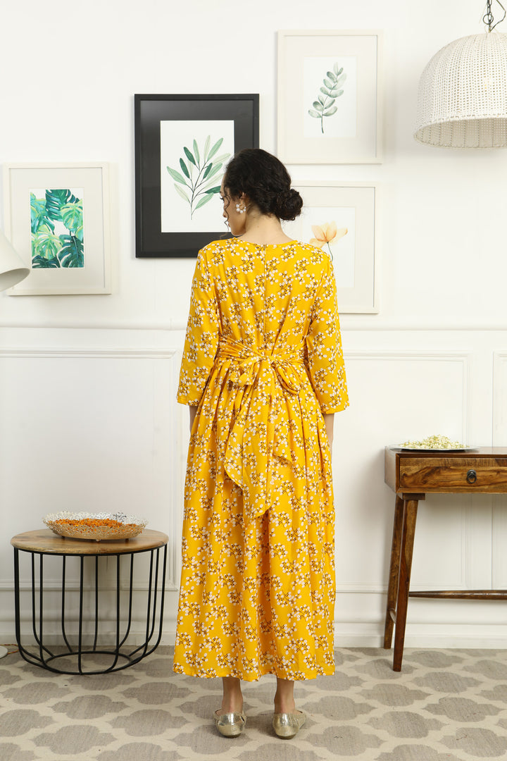 Cheery Sunshine Glow Floral Maternity Knot Dress MOMZJOY.COM