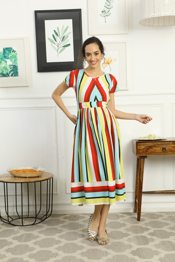 Retro Colorful Stripe Maternity & Nursing Dress momzjoy.com