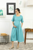 Gift Sets For Moms - Blue Hospital Gown With Matching Swaddle + Feeding Pillow + Nursing Stole (Set of 4) MOMZJOY.COM