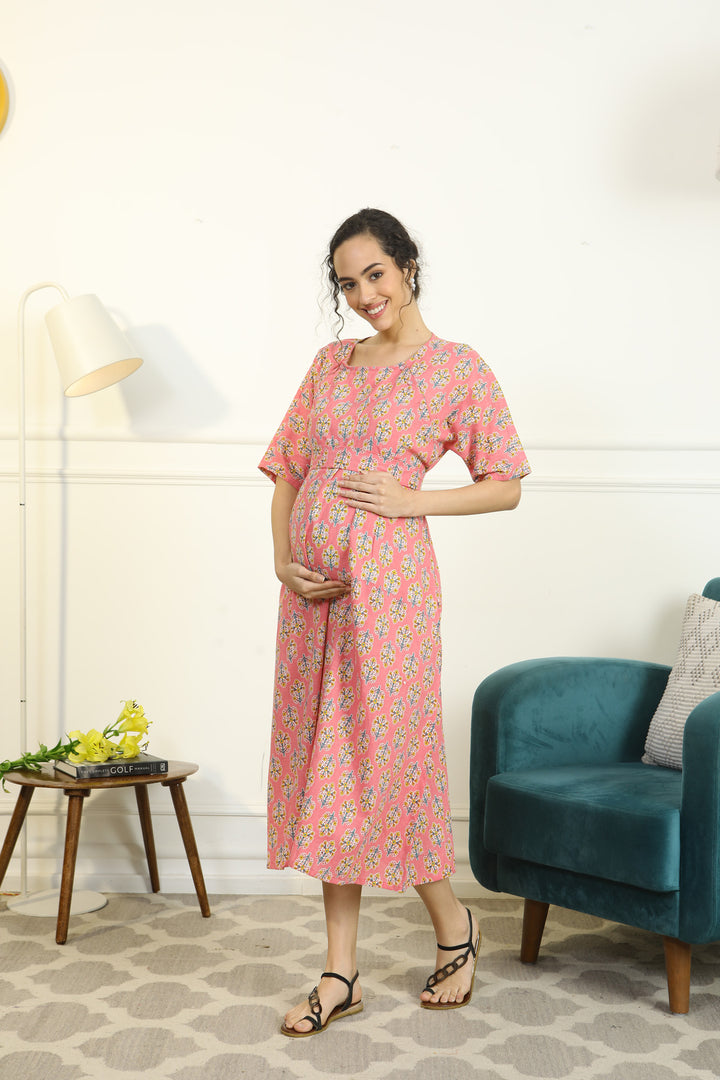 Restful Blossom Coral Shoulder Snap Delivery Gown + Matching Baby Swaddle Set Of 2 MOMZJOY.COM