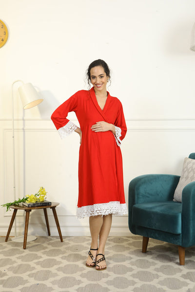 Cherry Red Lycra Maternity & Nursing Wrap Nightwear Dress/ Hospital Gown/ Delivery Robes momzjoy.com
