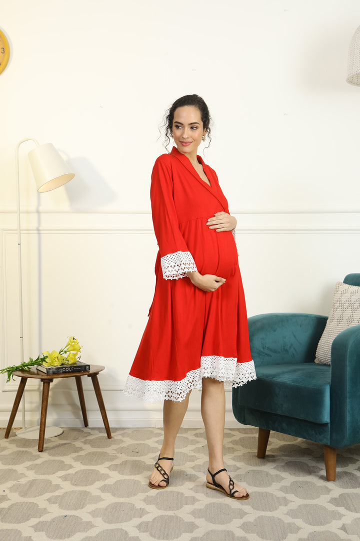 Cherry Red Lycra Maternity & Nursing Wrap Nightwear Dress + Matching Baby Swaddle Set Of 2 momzjoy.com