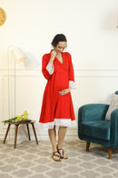 Cherry Red Lycra Maternity & Nursing Wrap Nightwear Dress + Matching Baby Swaddle Set Of 2 momzjoy.com
