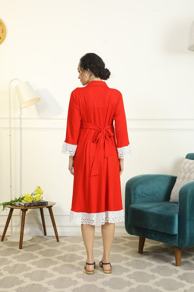 Cherry Red Lycra Maternity & Nursing Wrap Nightwear Dress/ Hospital Gown/ Delivery Robes momzjoy.com