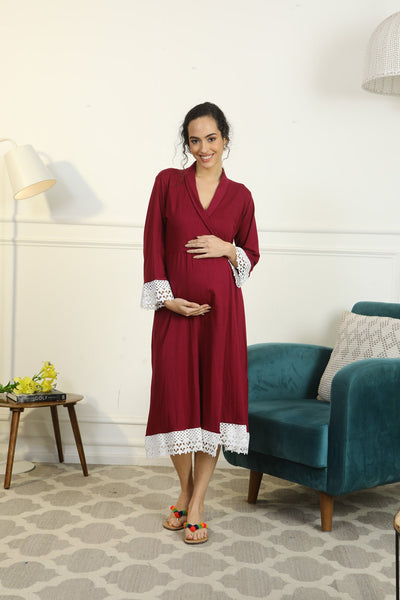 Vibrant Mulberry Lycra Maternity & Nursing Wrap Nightwear Dress/ Hospital Gown/ Delivery Robes momzjoy.com
