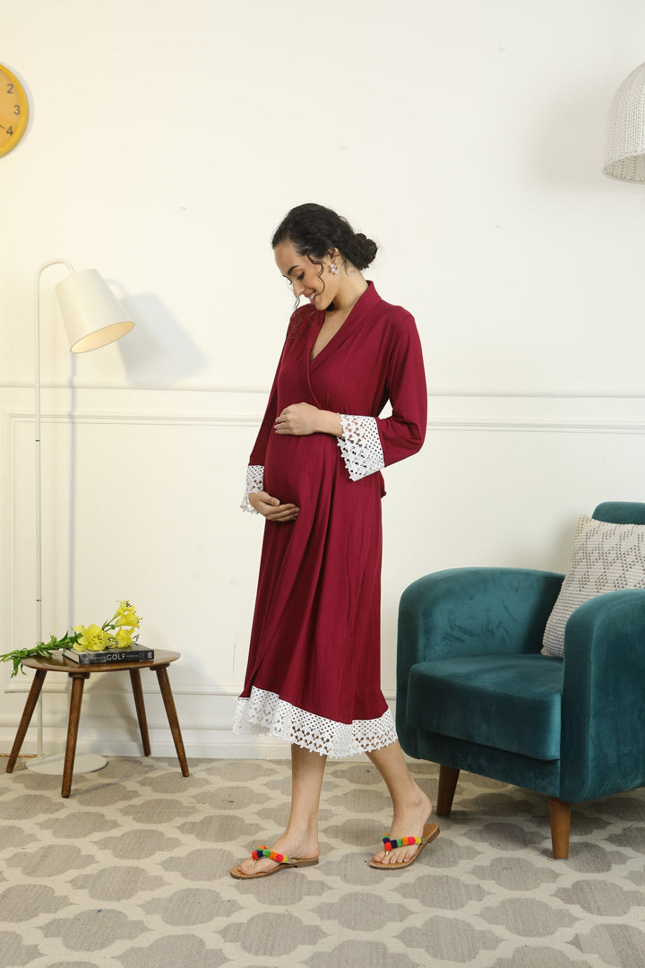 Vibrant Mulberry Lycra Maternity & Nursing Wrap Nightwear Dress/ Hospital Gown/ Delivery Robes momzjoy.com