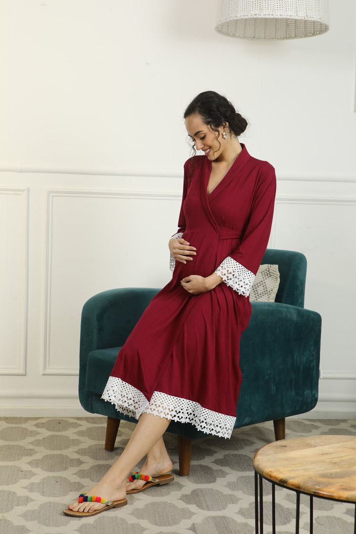 Vibrant Mulberry Lycra Maternity & Nursing Wrap Nightwear Dress/ Hospital Gown/ Delivery Robes momzjoy.com