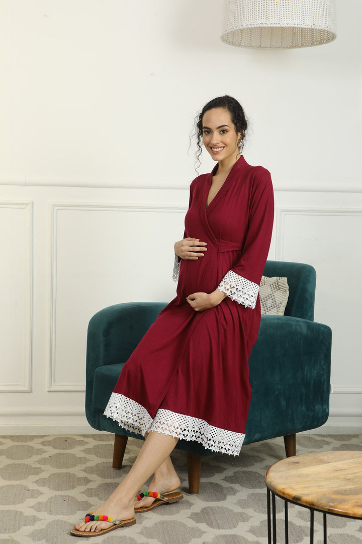 Vibrant Mulberry Lycra Maternity & Nursing Wrap Nightwear Dress/ Hospital Gown/ Delivery Robes momzjoy.com