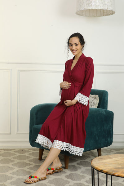 Vibrant Mulberry Lycra Maternity & Nursing Wrap Nightwear Dress + Matching Baby Swaddle Set Of 2 momzjoy.com
