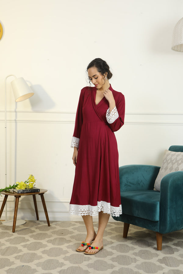 Vibrant Mulberry Lycra Maternity & Nursing Wrap Nightwear Dress/ Hospital Gown/ Delivery Robes momzjoy.com